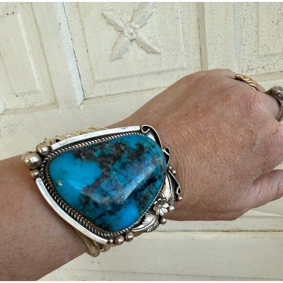 Vintage Ray Nez Heavy Large Blue Turquoise Sterling Cuff Bracelet - Picture 3 of 14